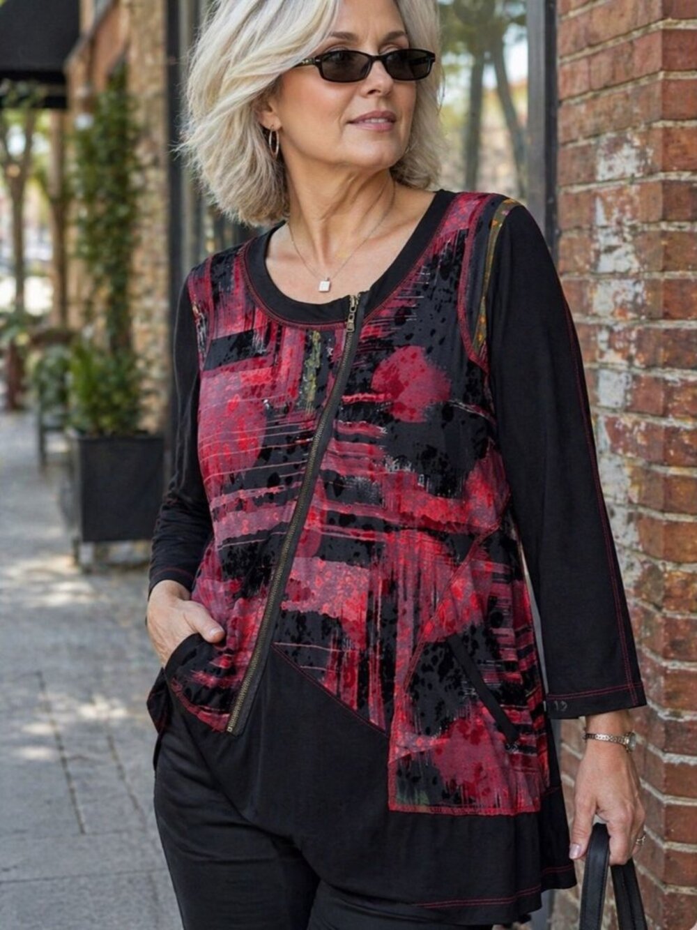 Dolcezza Abstract Art Top Black Red Asymmetrical Zip Tunic Small Art To Wear